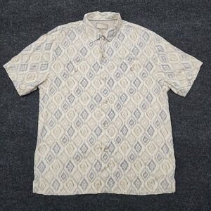Tommy Bahama Mens Medium Beige Gray Geometric 100% Silk Relaxed Button Up Shirt